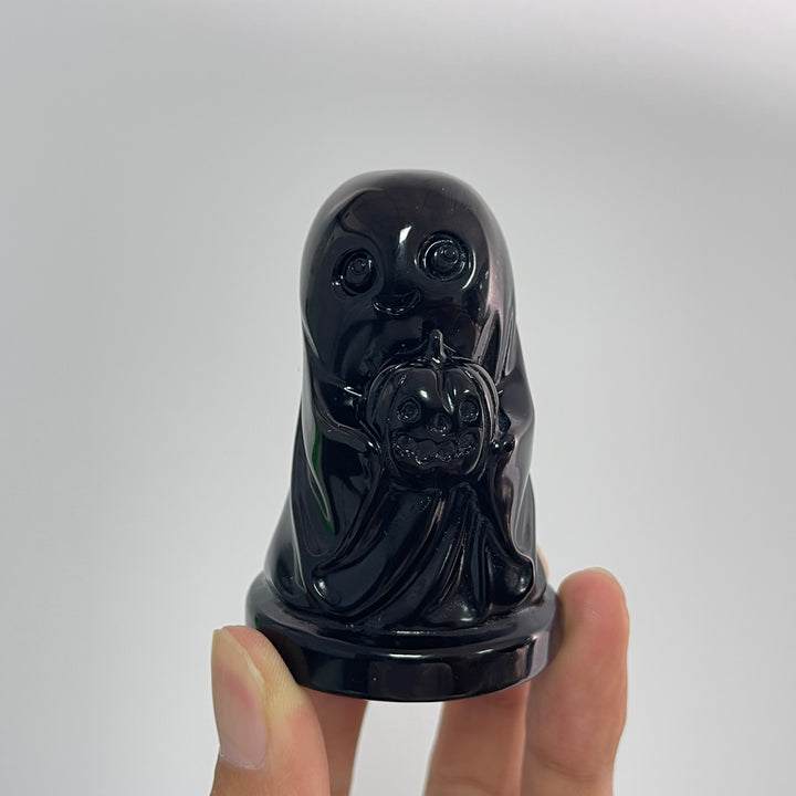 Natural Crystal Carving Black Obsidian Smiling Ghost With Pumpkin