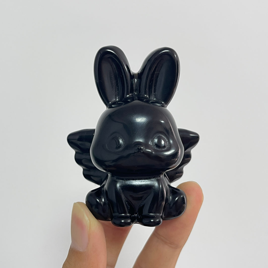 Natural Crystal Carving Black Obsidian Angel Bunny