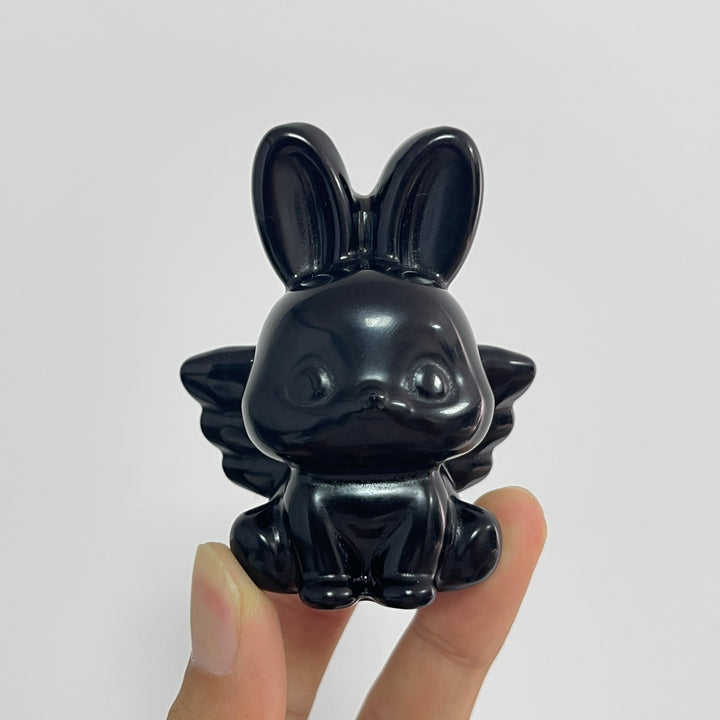 Natural Crystal Carving Black Obsidian Angel Bunny