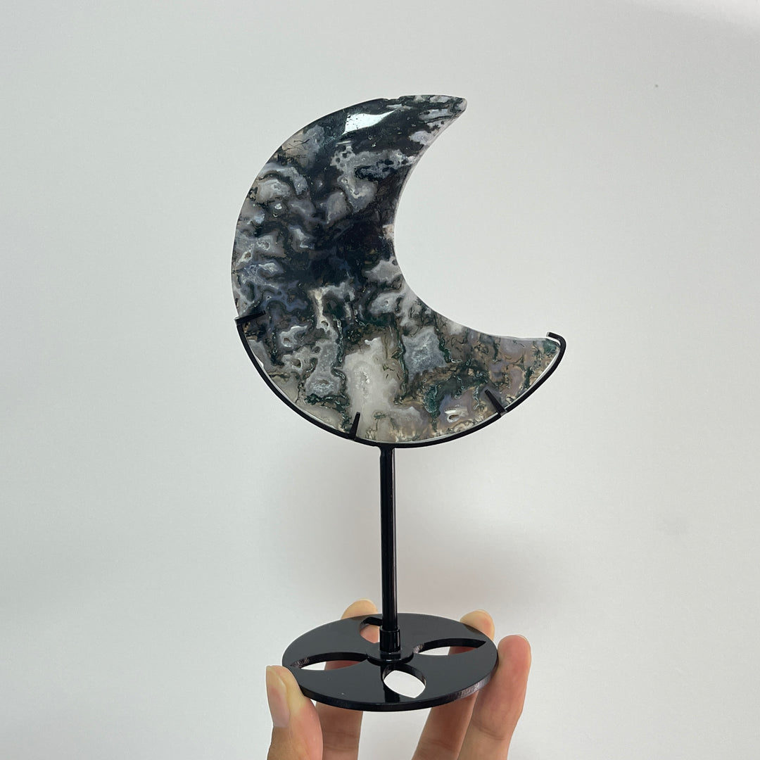 Unique,Natural Crystal Exquisite Moss Agate Moon With Stand