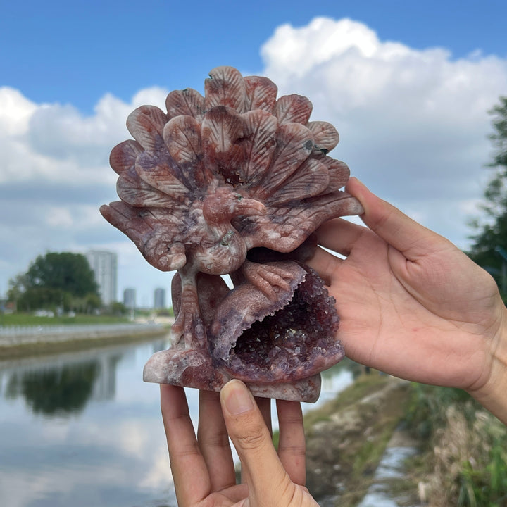 Unique,Imperfect Pink Amethyst Peacock Carving
