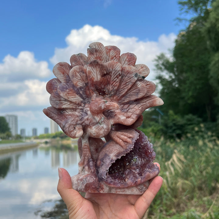 Unique,Imperfect Pink Amethyst Peacock Carving