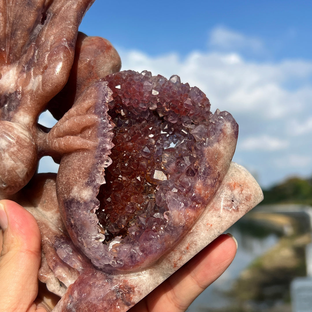 Unique,Imperfect Pink Amethyst Peacock Carving