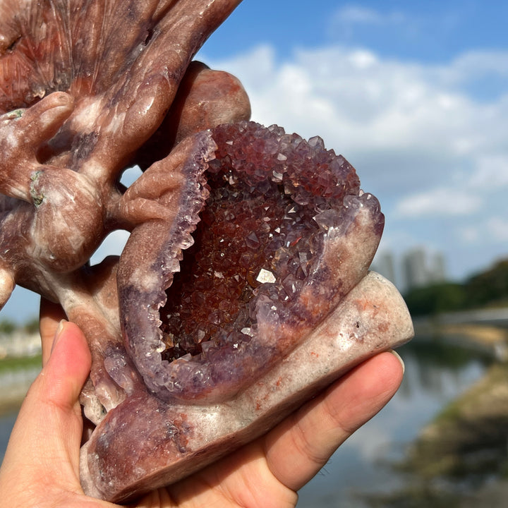 Unique,Imperfect Pink Amethyst Peacock Carving