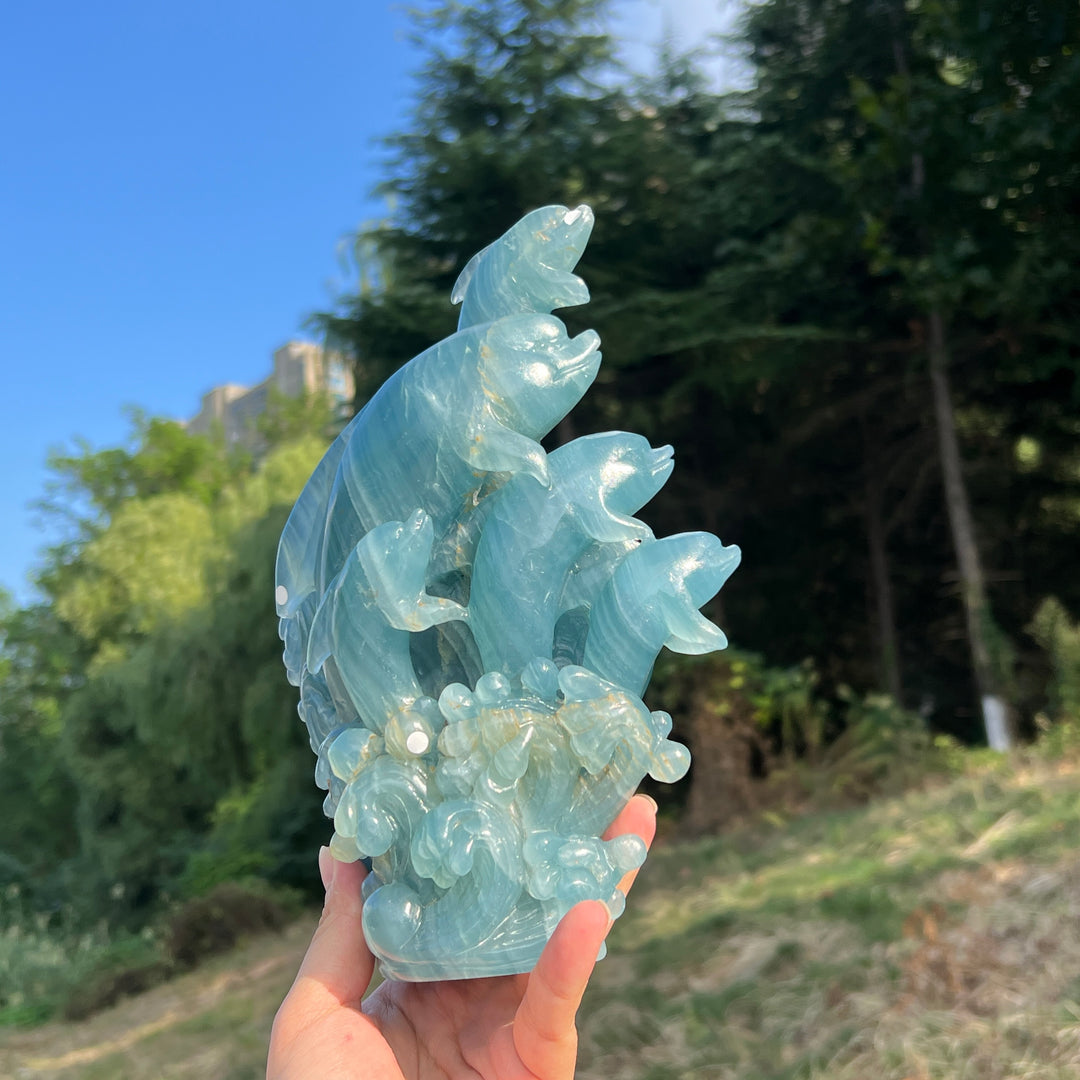 Unique,Imperfect Lemurian Aquatine Calcite Dolphin With Stand