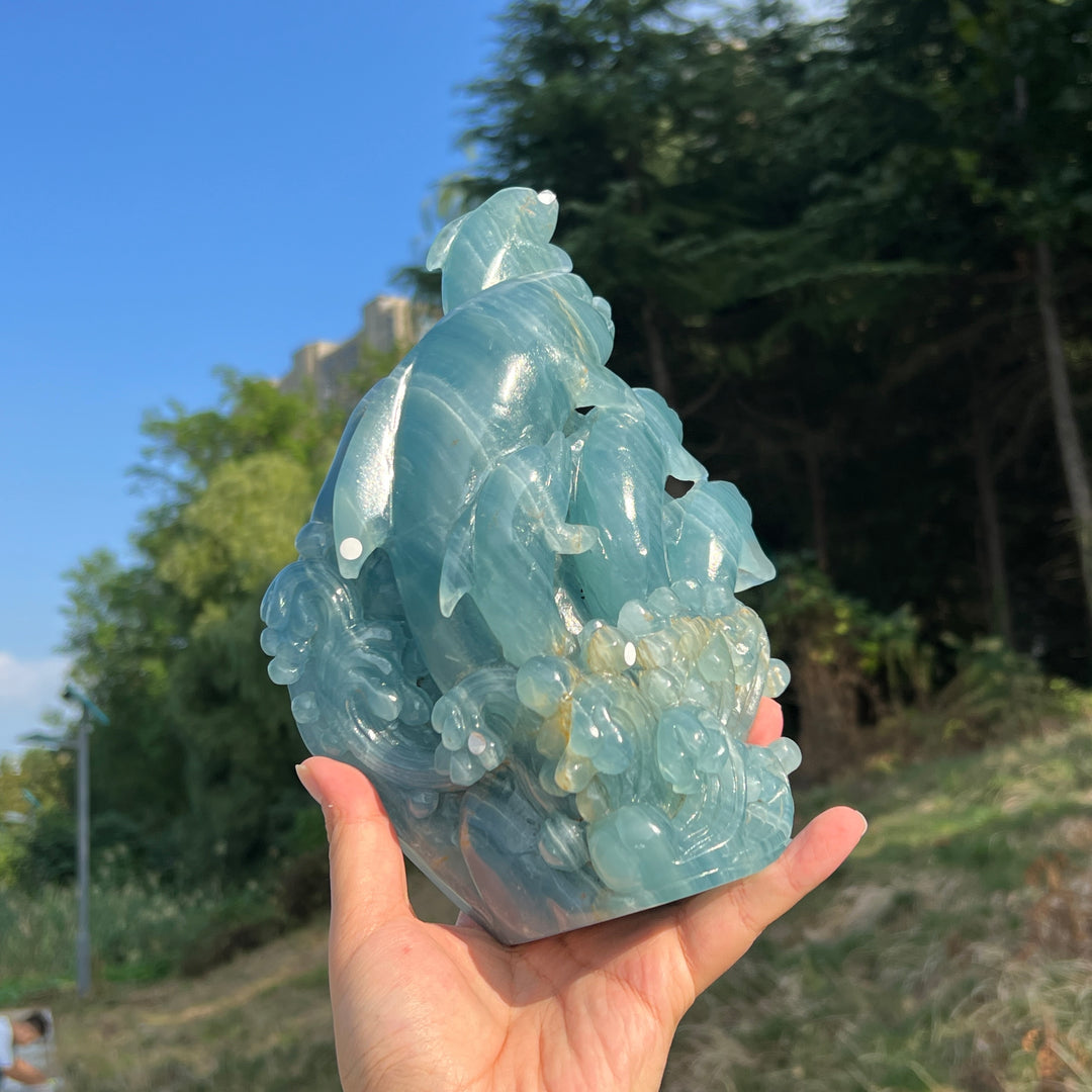 Unique,Imperfect Lemurian Aquatine Calcite Dolphin With Stand