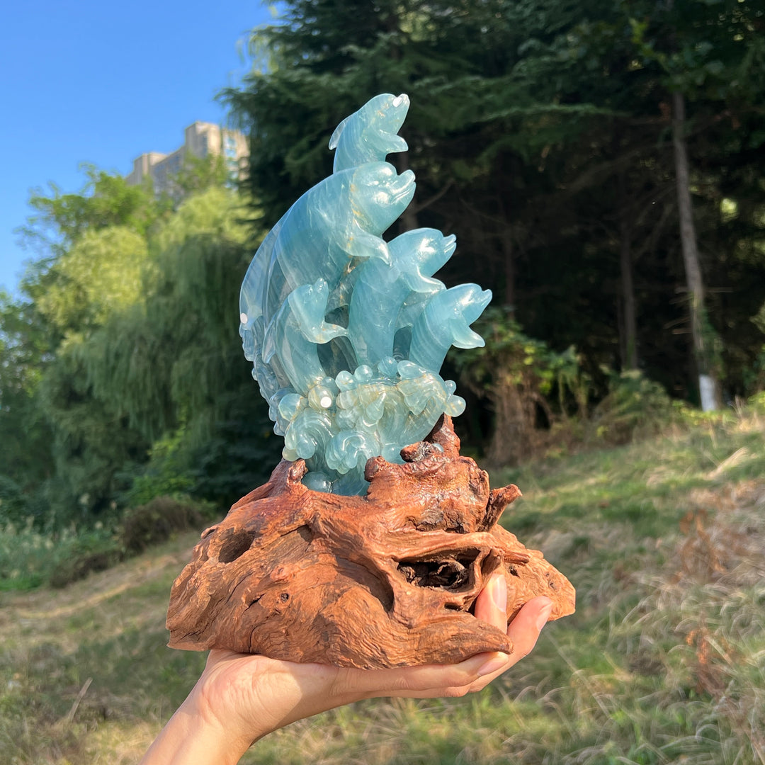 Unique,Imperfect Lemurian Aquatine Calcite Dolphin With Stand