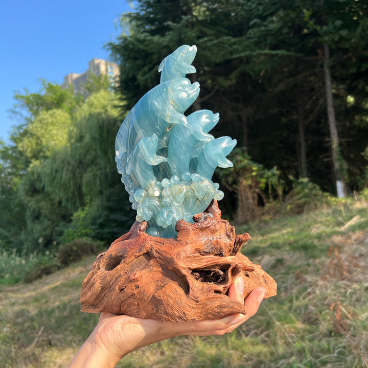 Unique,Imperfect Lemurian Aquatine Calcite Dolphin With Stand