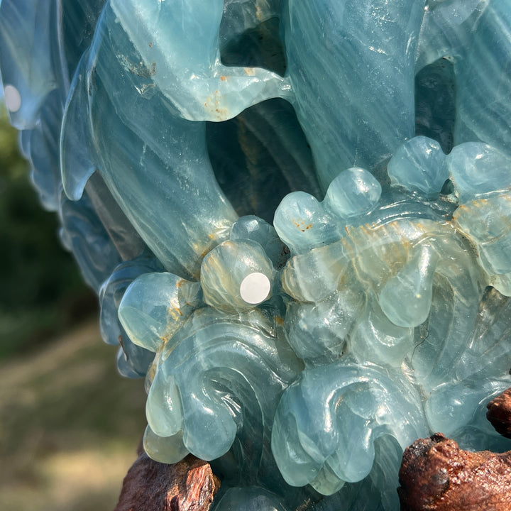 Unique,Imperfect Lemurian Aquatine Calcite Dolphin With Stand