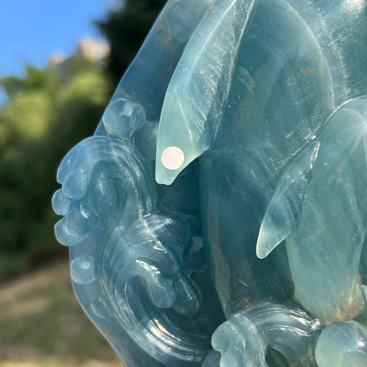 Unique,Imperfect Lemurian Aquatine Calcite Dolphin With Stand