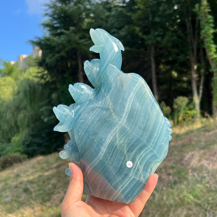 Unique,Imperfect Lemurian Aquatine Calcite Dolphin With Stand