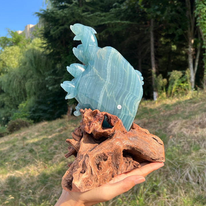 Unique,Imperfect Lemurian Aquatine Calcite Dolphin With Stand