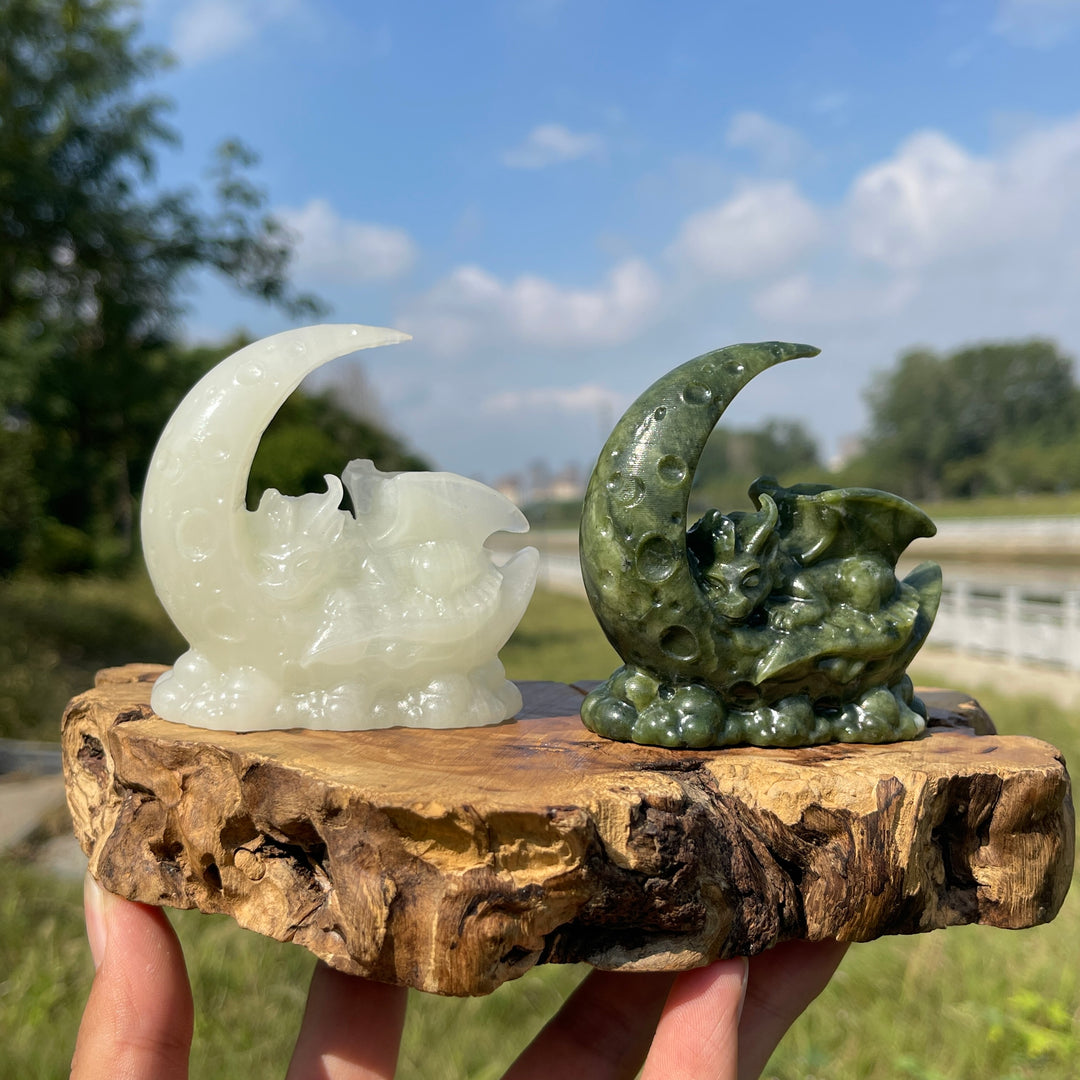 Natural Crystal Cute Sleeping Moon Dragon Carving