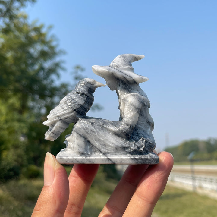 Unique,Natural Crystal Carving TaiJi Stone Witch And Raven