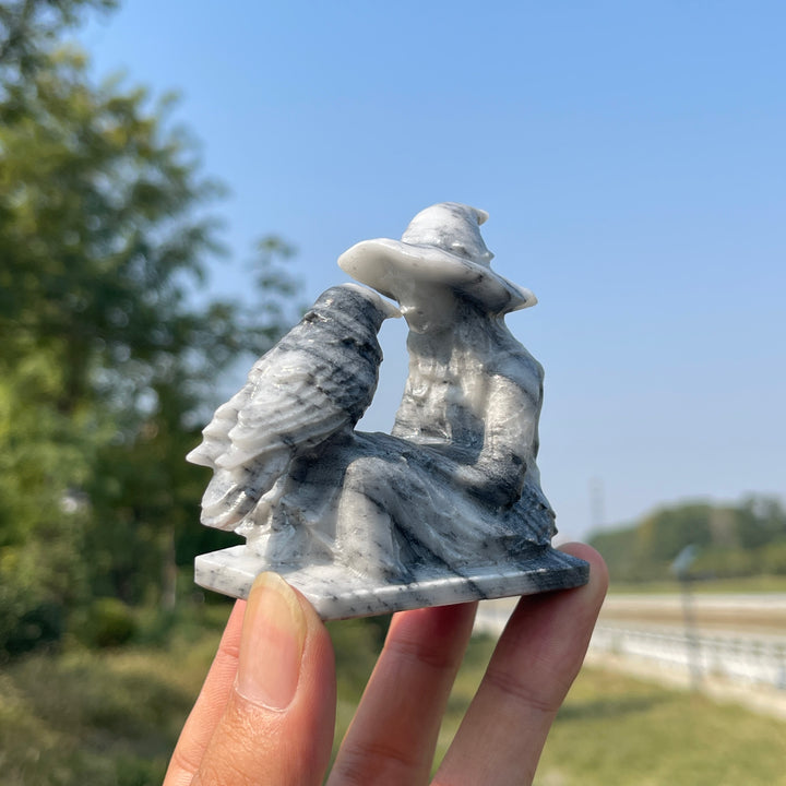 Unique,Natural Crystal Carving TaiJi Stone Witch And Raven