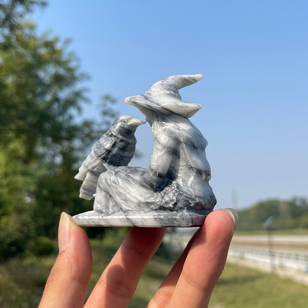 Unique,Natural Crystal Carving TaiJi Stone Witch And Raven
