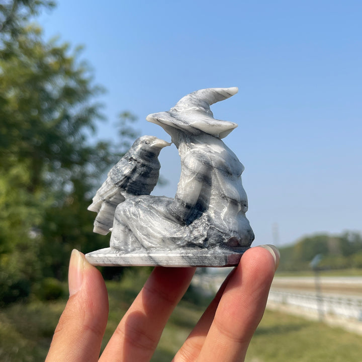 Unique,Natural Crystal Carving TaiJi Stone Witch And Raven