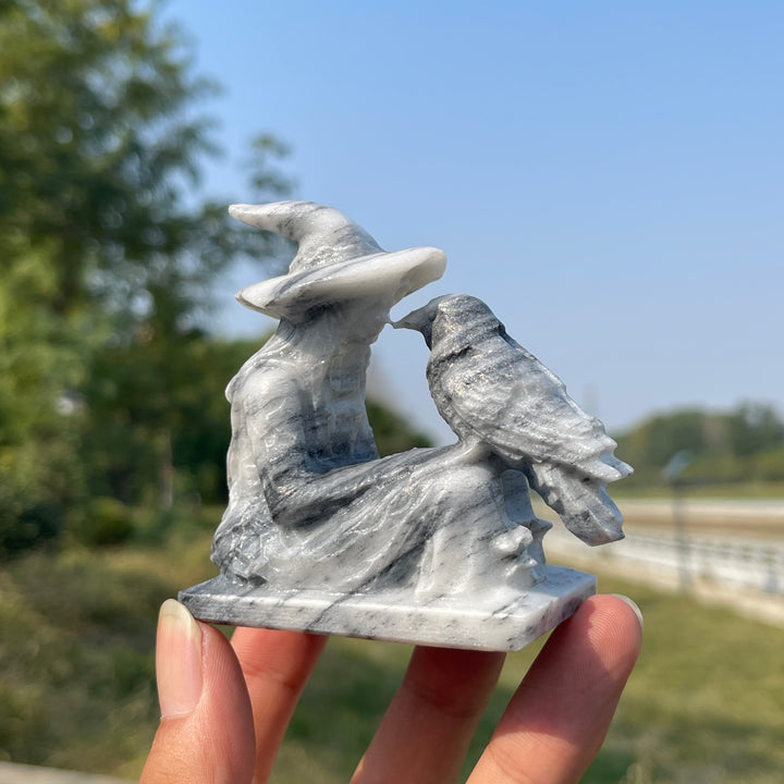 Unique,Natural Crystal Carving TaiJi Stone Witch And Raven