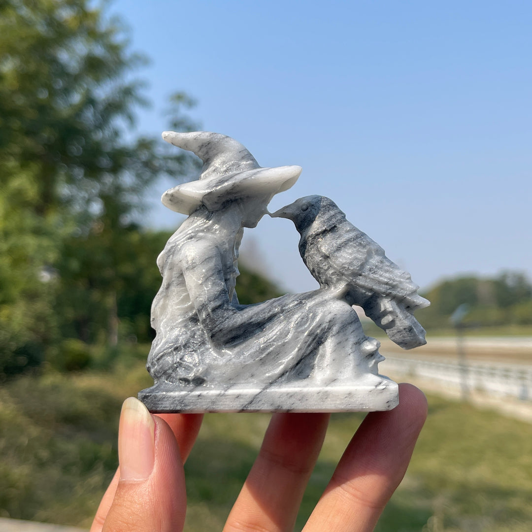 Unique,Natural Crystal Carving TaiJi Stone Witch And Raven