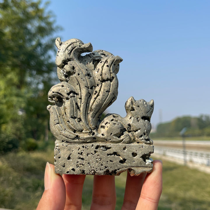 Unique,Natural Crystal Carving Pyrite Nine Tailed Fox
