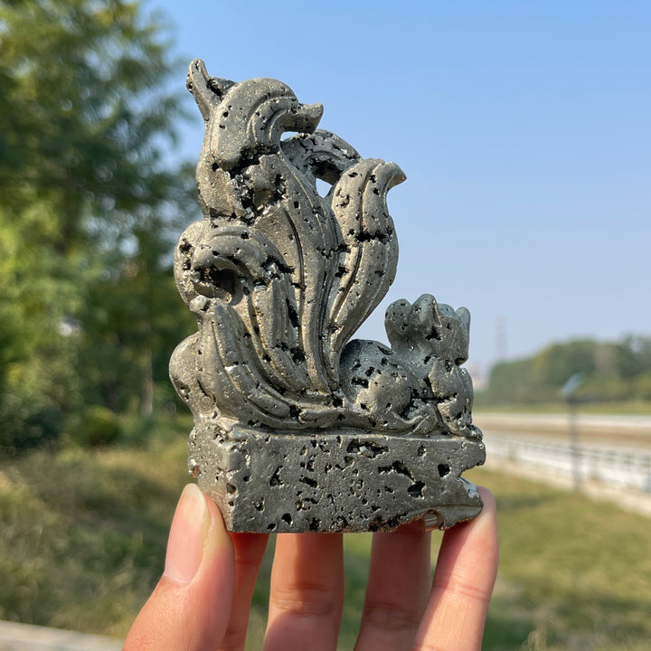 Unique,Natural Crystal Carving Pyrite Nine Tailed Fox