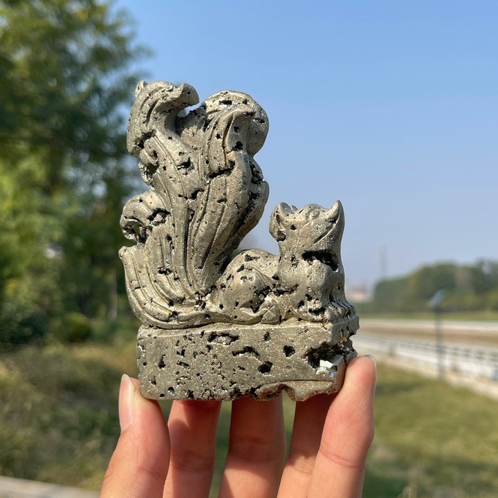 Unique,Natural Crystal Carving Pyrite Nine Tailed Fox