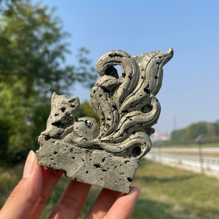 Unique,Natural Crystal Carving Pyrite Nine Tailed Fox