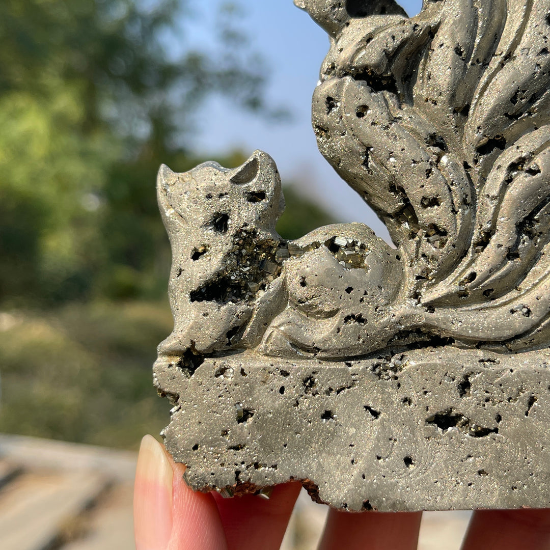 Unique,Natural Crystal Carving Pyrite Nine Tailed Fox
