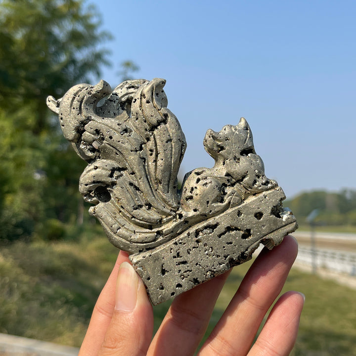 Unique,Natural Crystal Carving Pyrite Nine Tailed Fox