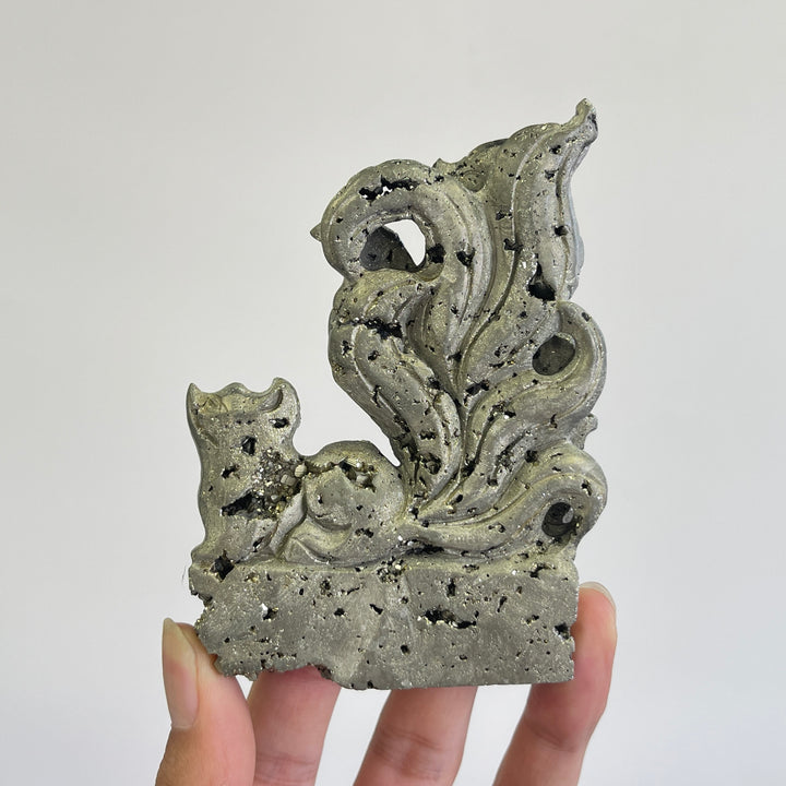 Unique,Natural Crystal Carving Pyrite Nine Tailed Fox