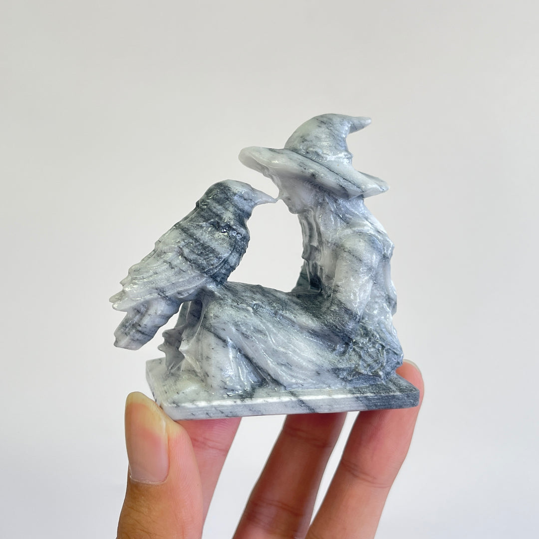 Unique,Natural Crystal Carving TaiJi Stone Witch And Raven