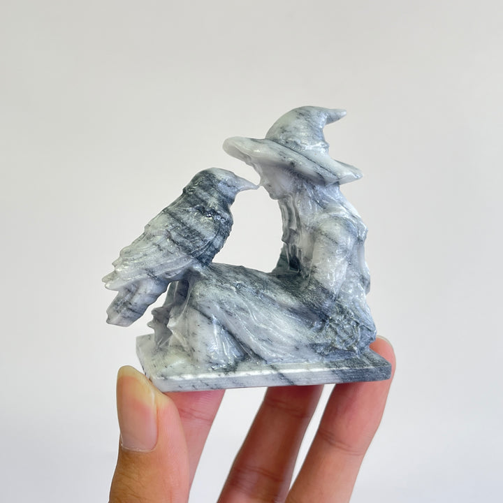Unique,Natural Crystal Carving TaiJi Stone Witch And Raven