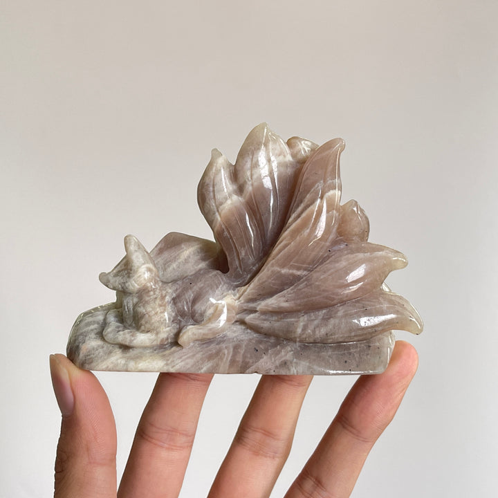 Unique,Natural Crystal Exquisite Moonstone Nine Tailed Fox Carving