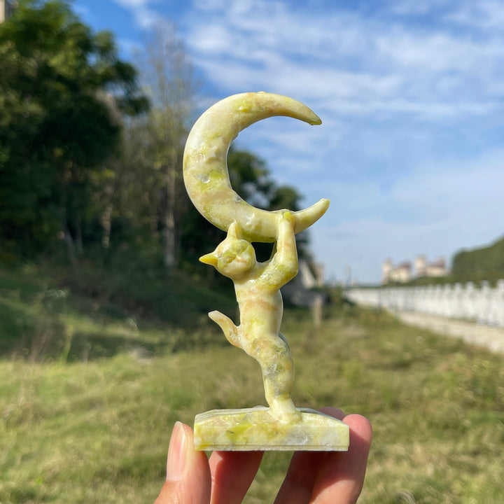 Natural Crystal Carving Serpentine Moon Cat