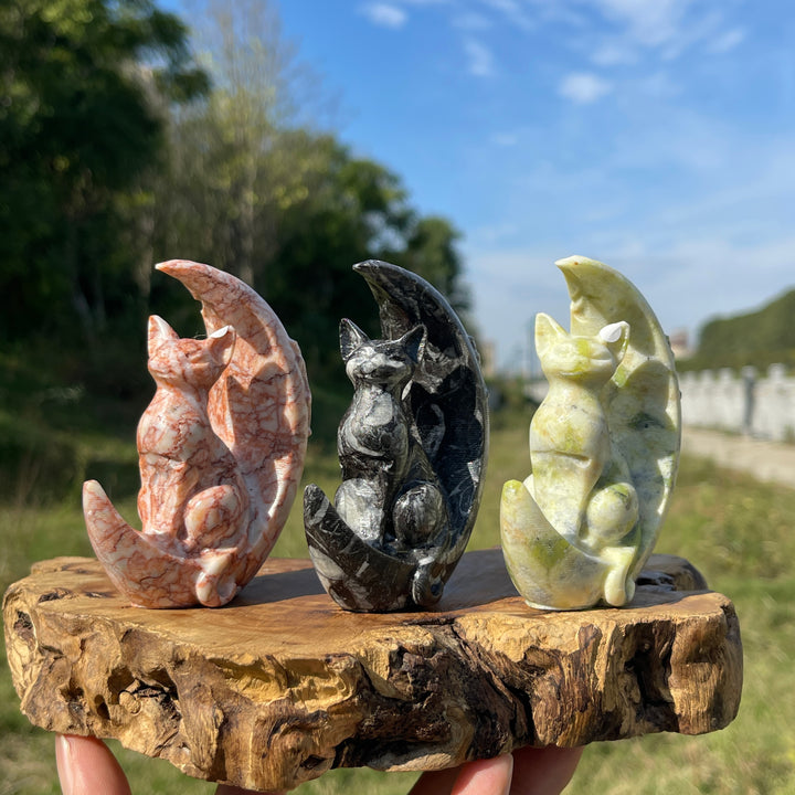 A Slightly Imperfect Natural Crystal Cute Cat On Moon Carving