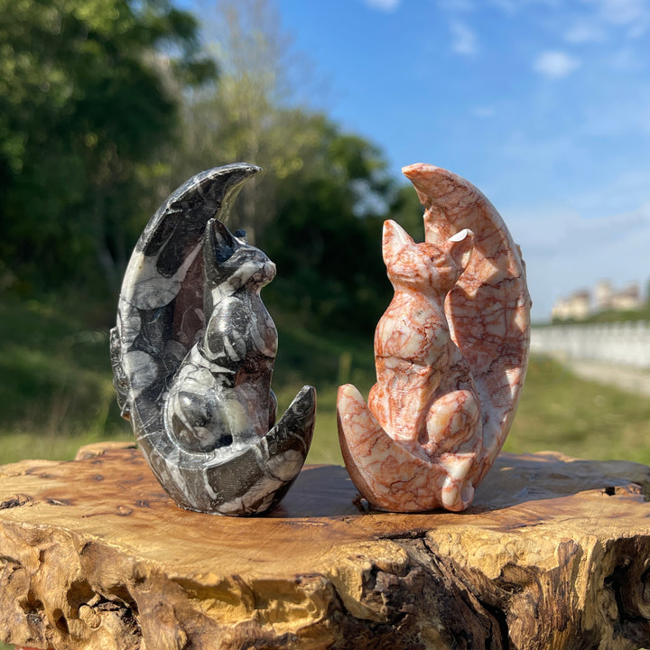A Slightly Imperfect Natural Crystal Cute Cat On Moon Carving