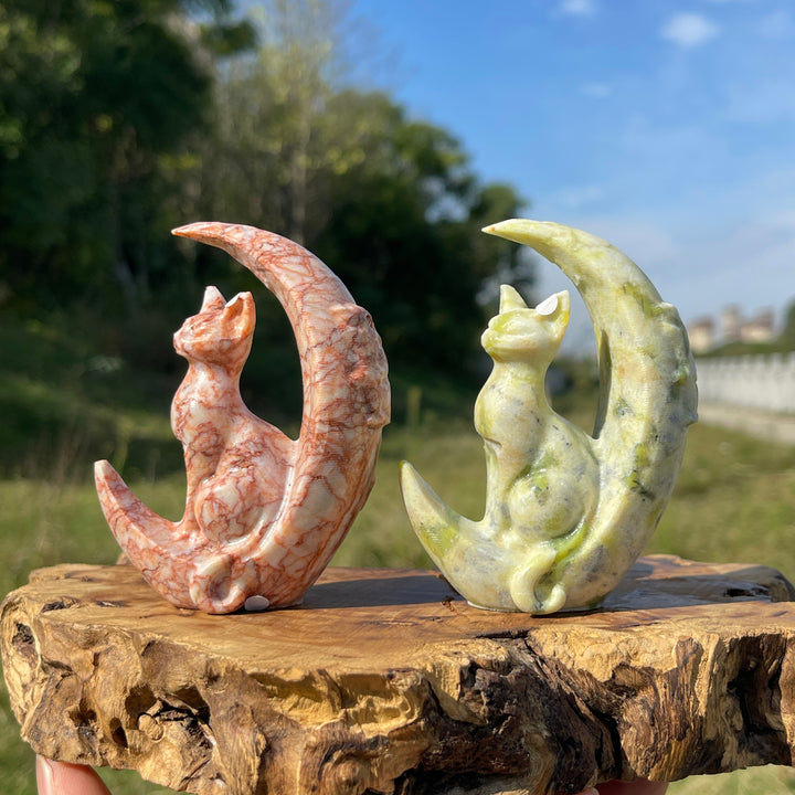 A Slightly Imperfect Natural Crystal Cute Cat On Moon Carving