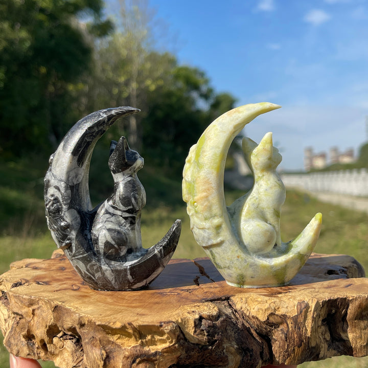 A Slightly Imperfect Natural Crystal Cute Cat On Moon Carving