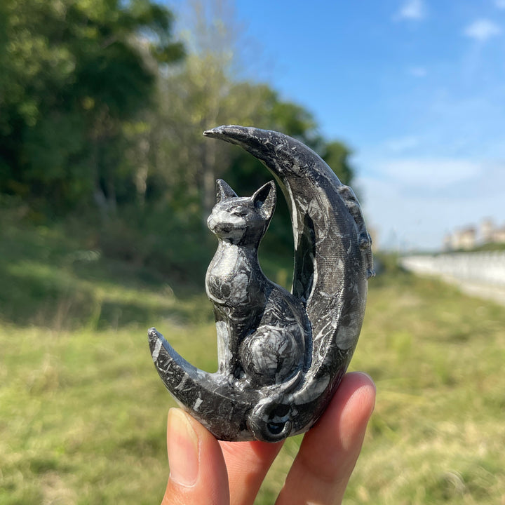 A Slightly Imperfect Natural Crystal Cute Cat On Moon Carving