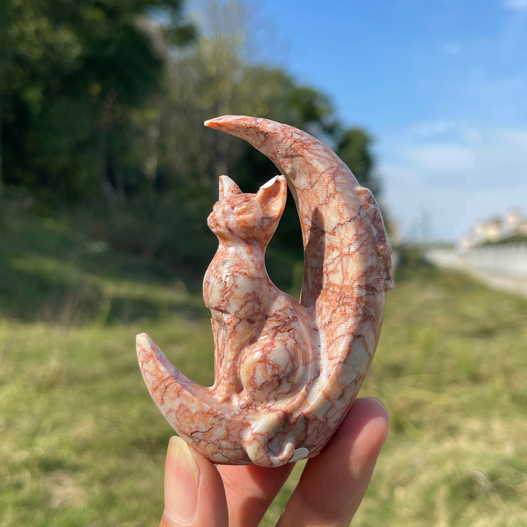 A Slightly Imperfect Natural Crystal Cute Cat On Moon Carving
