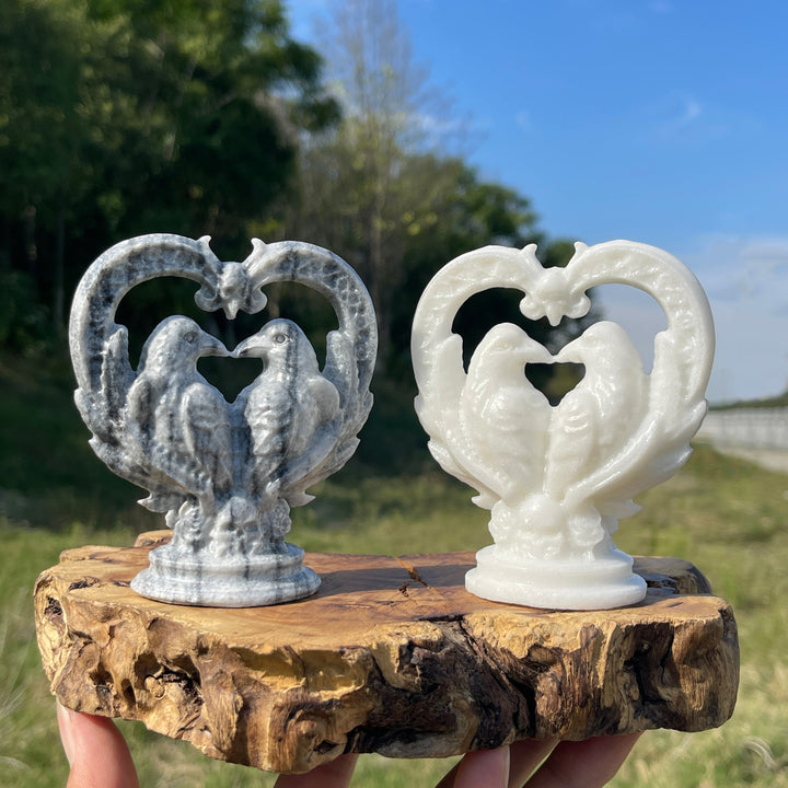 Natural Crystal Carving Heart Couple Ravens