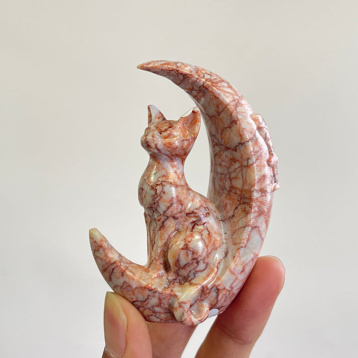A Slightly Imperfect Natural Crystal Cute Cat On Moon Carving