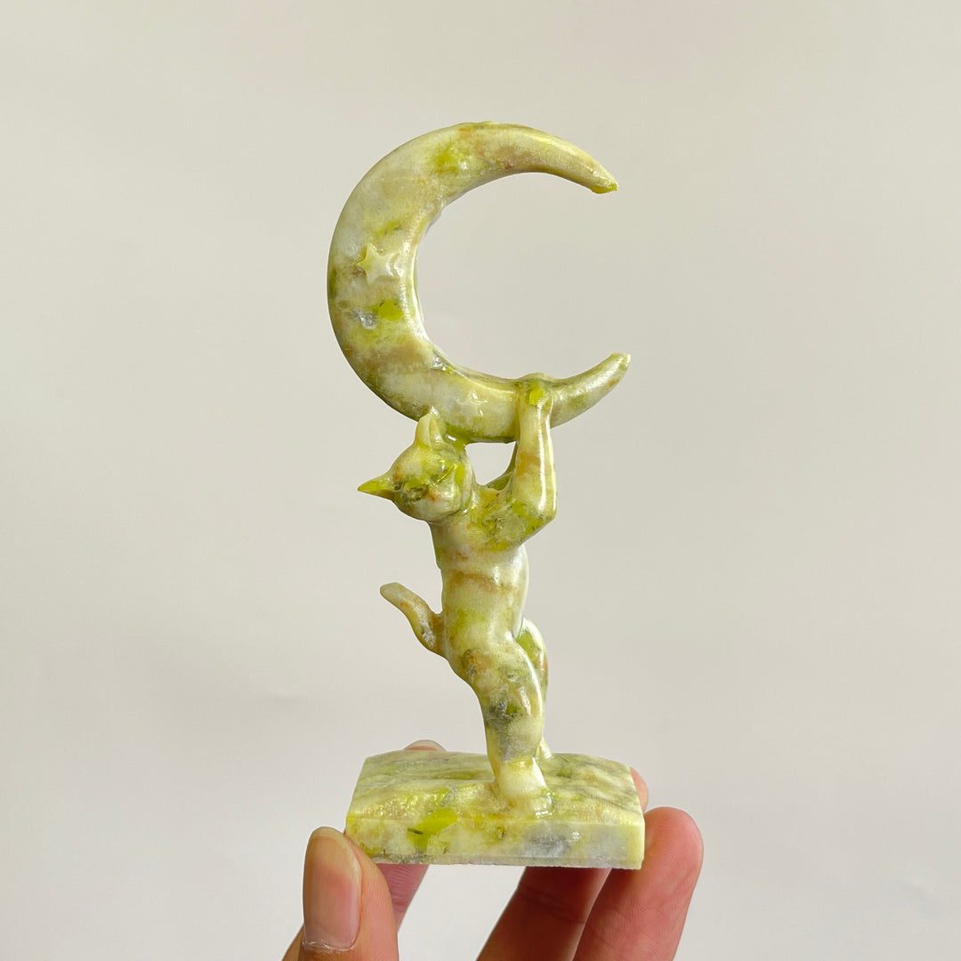 Natural Crystal Carving Serpentine Moon Cat