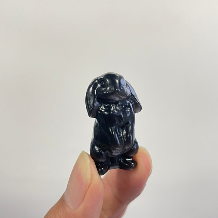 Natural Crystal Carving Silver Obsidian Lop Eared Rabbit