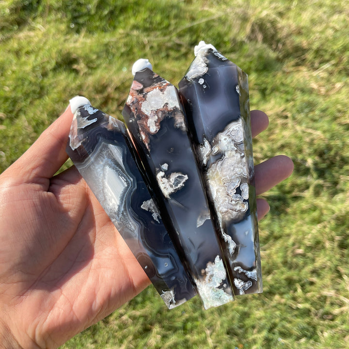 Unique,Natural Crystal Black Flower Agate Wand