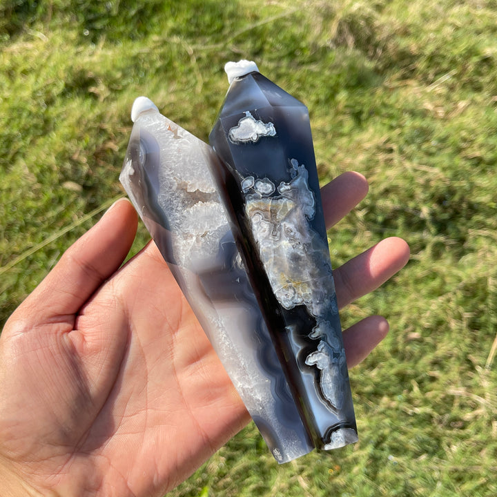 Unique,Natural Crystal Black Flower Agate Wand