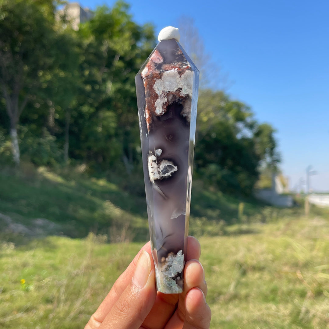 Unique,Natural Crystal Black Flower Agate Wand