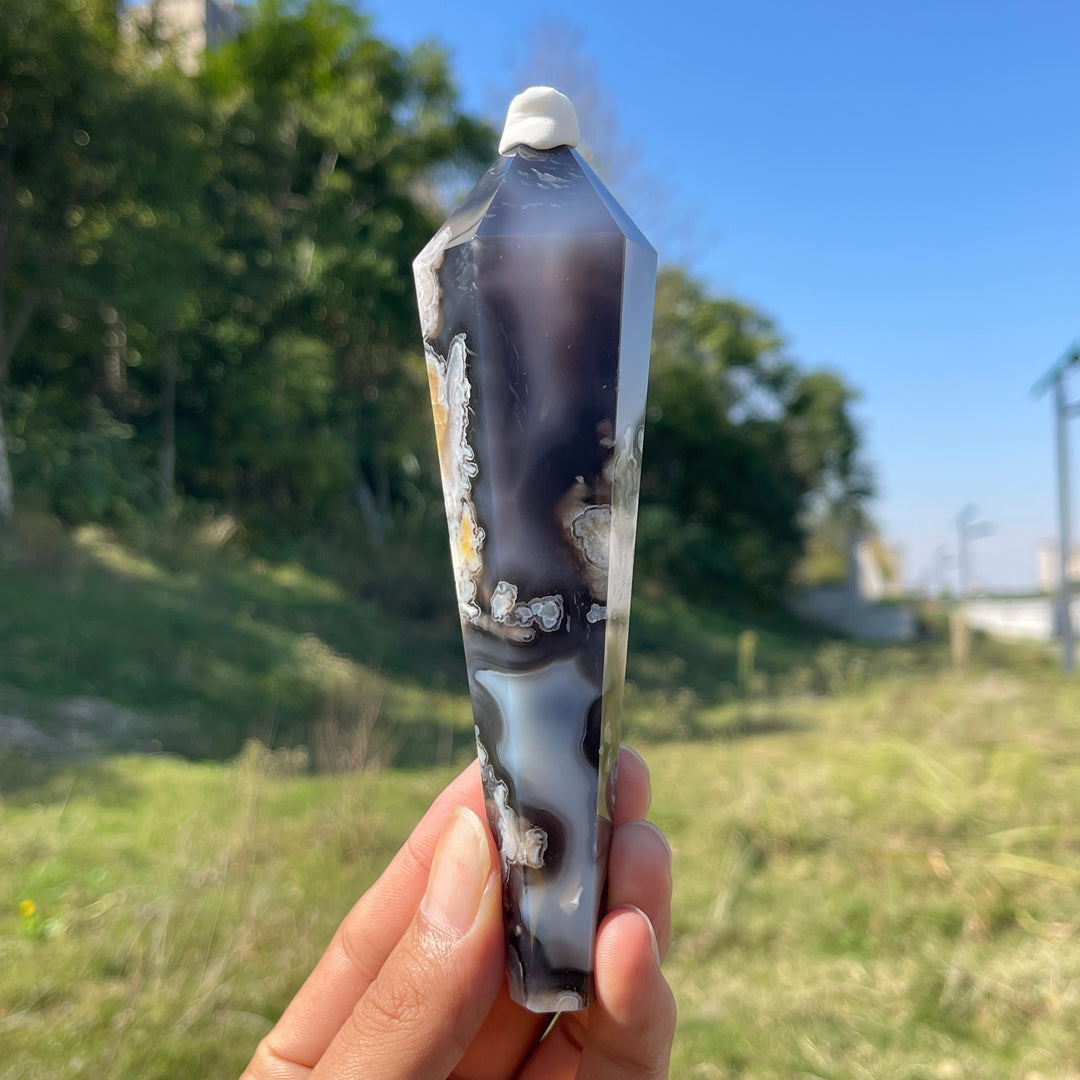 Unique,Natural Crystal Black Flower Agate Wand