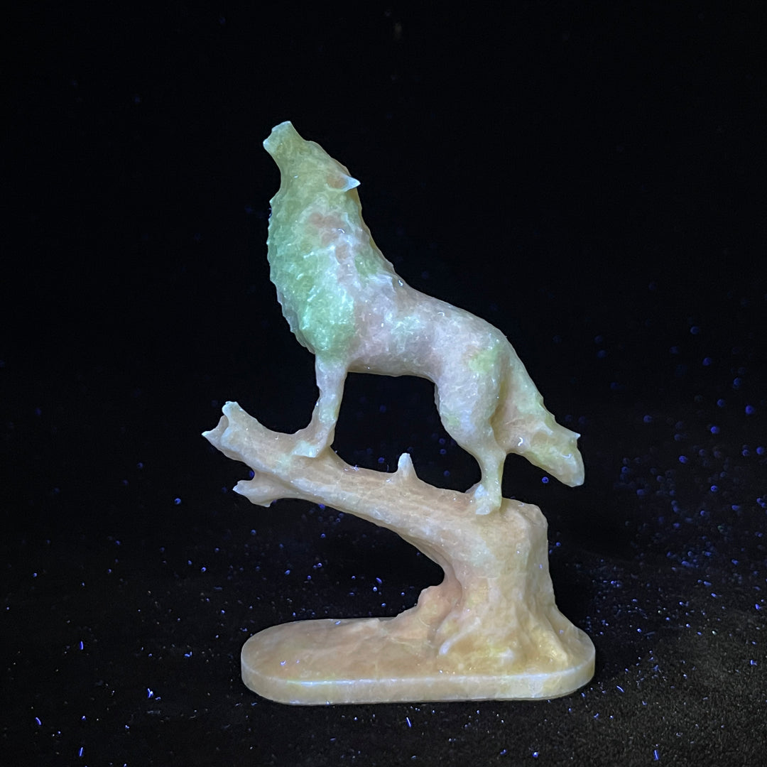 Natural Crystal Howling Wolf On Branch Carving
