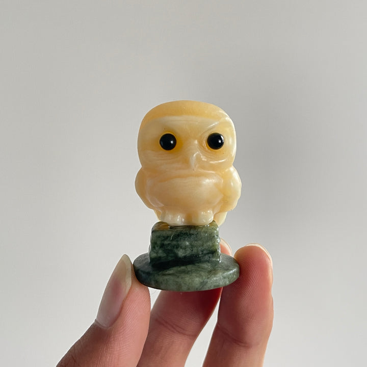 Natural Crystal Carving Owl On Serpentine Stand